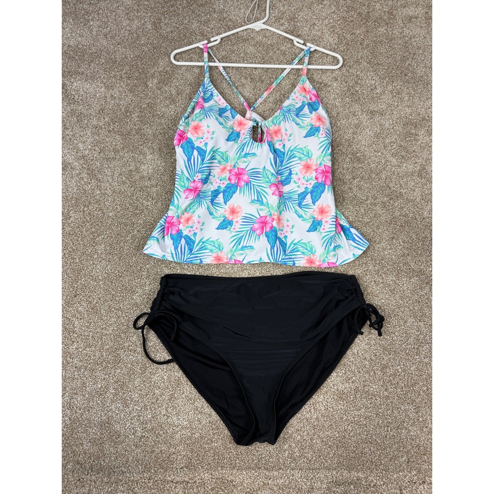 Decree Womens XL‎ Tropical Floral Tankini Set High Waist Ruched Bottoms 2pc Swim